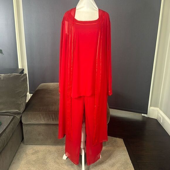 Women’s Red Chiffon 3 Piece Pants Suit Mother of the Bride Plus Size 20W NEW - Picture 1 of 15